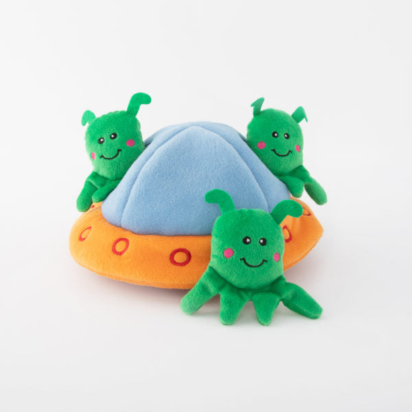 ZippyPaws Green Aliens in UFO Burrow Dog Toy